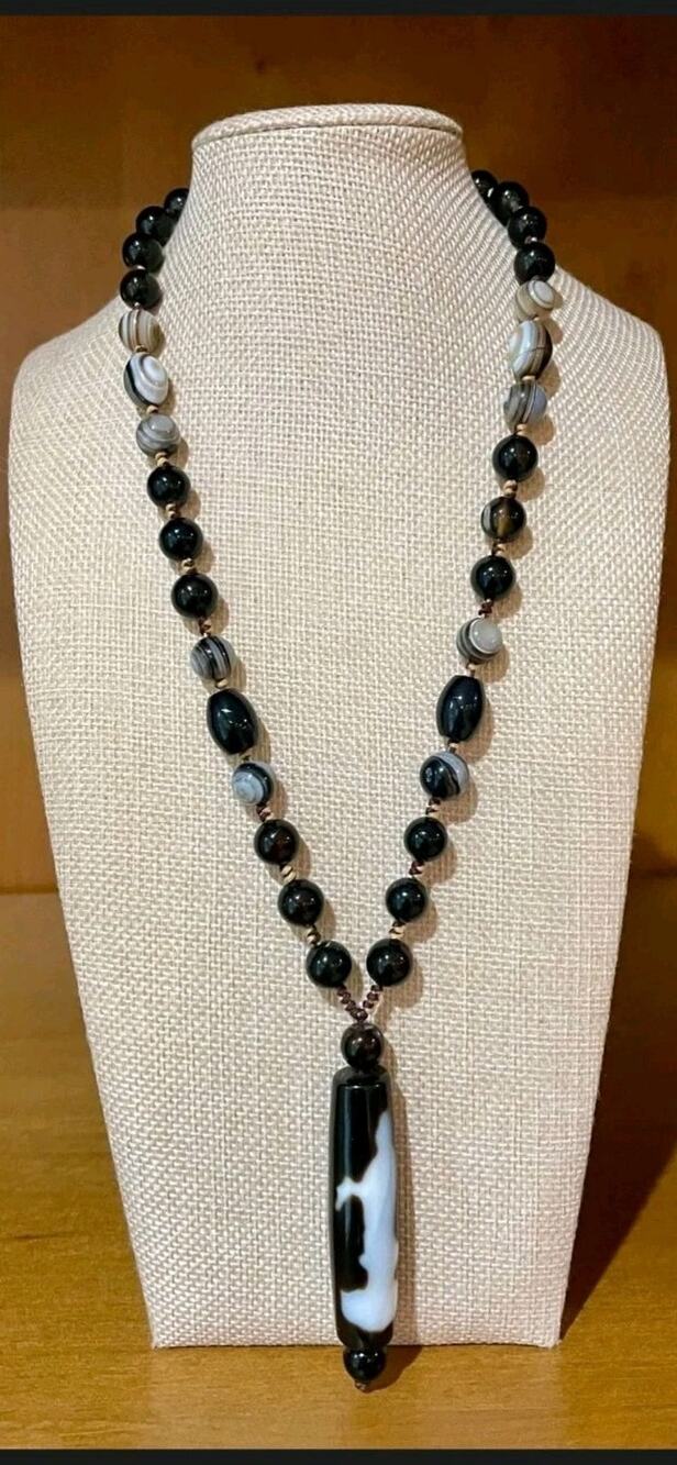 Tibetan Guan Yin Dzi Bead 3" Pendant Necklace Adjustable Banded Agate